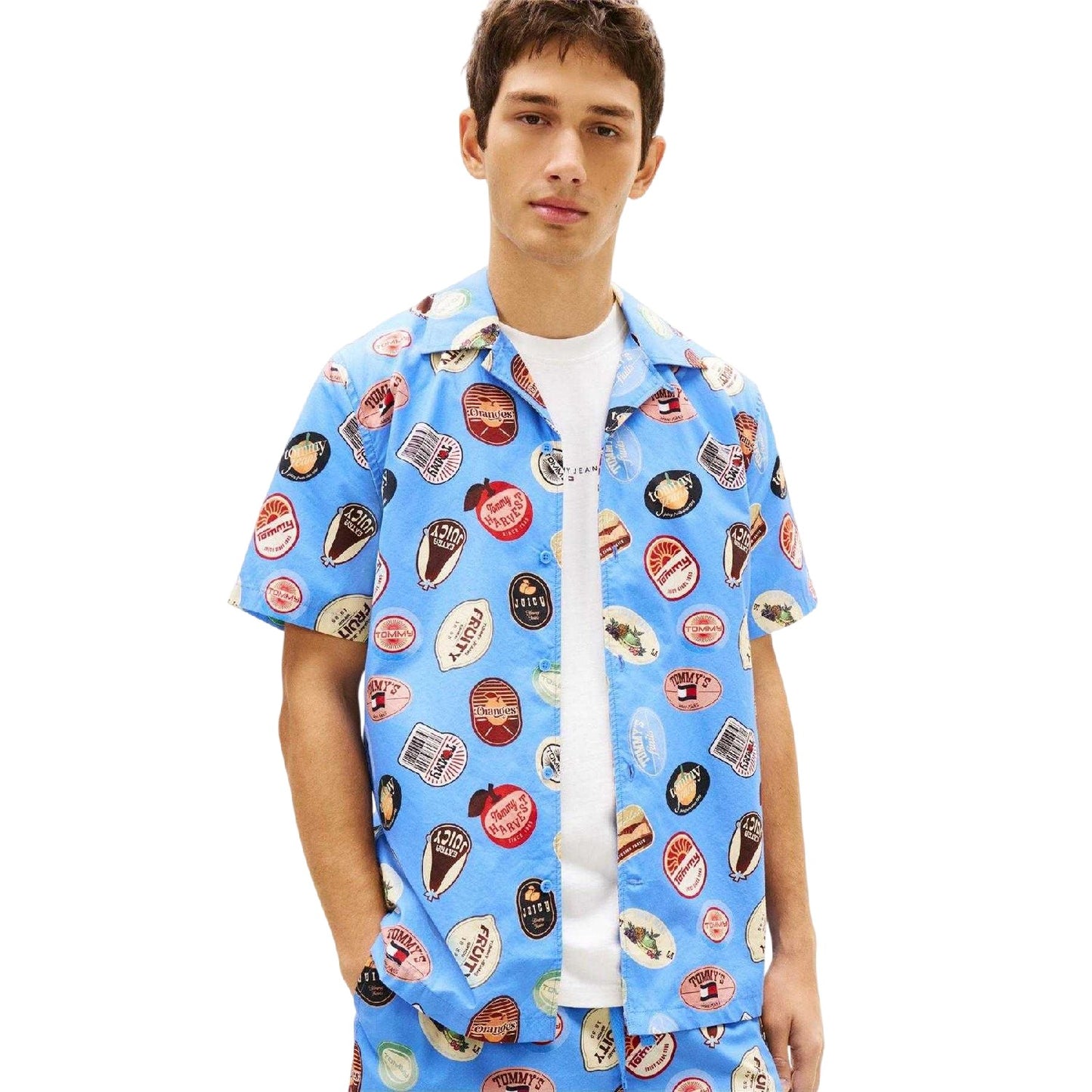Twilight Blue - Side - Tommy Jeans Mens All-Over Print Relaxed Fit Short-Sleeved Shirt