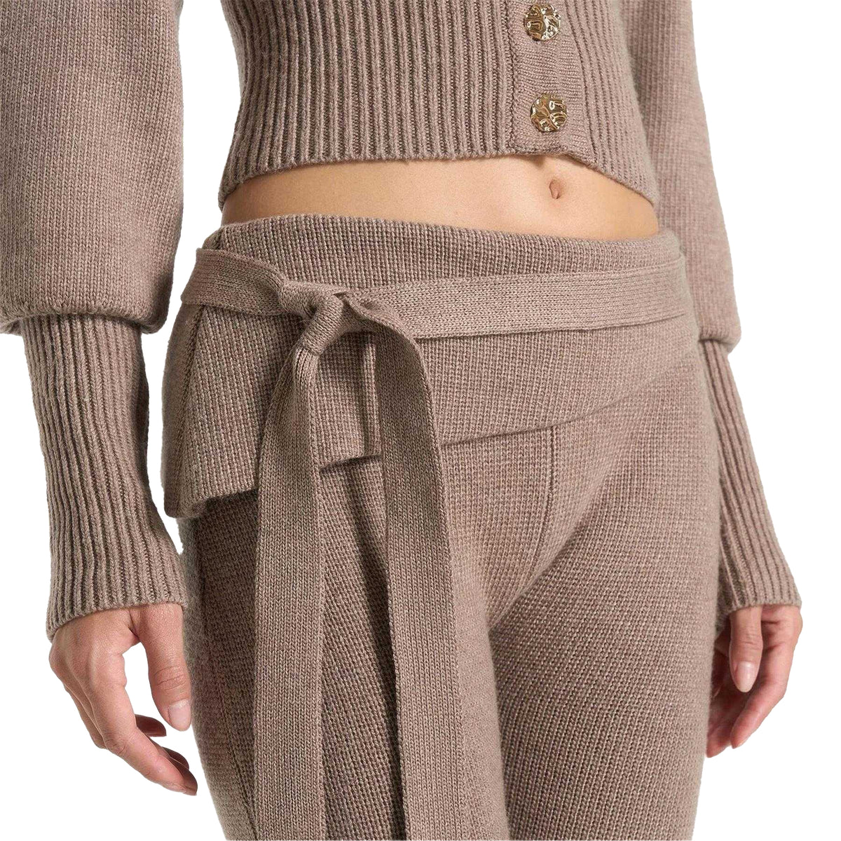 Beige - Side - Maniere De Voir Womens-Ladies Knitted Tie Belt Fitted And Flared Leggings