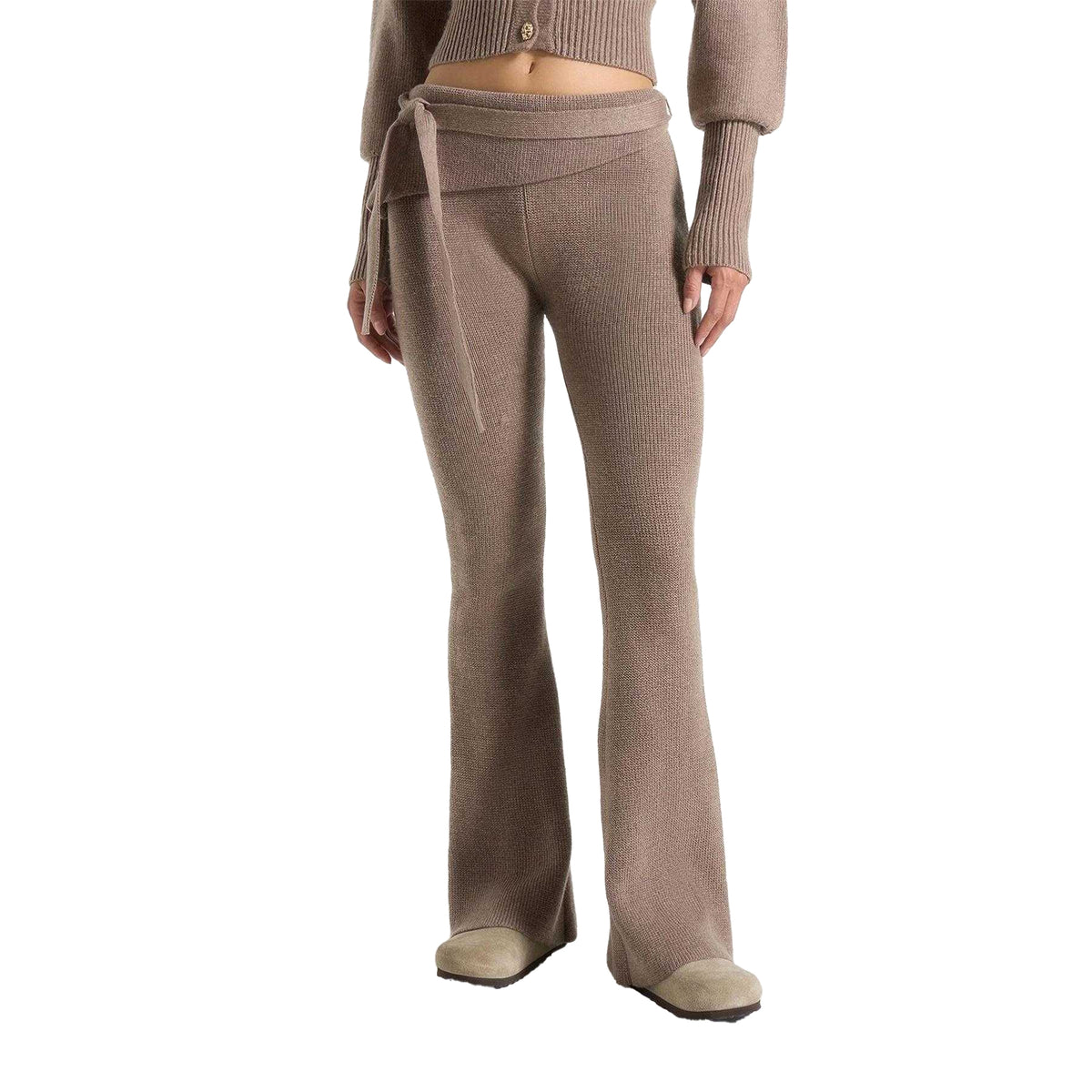 Beige - Lifestyle - Maniere De Voir Womens-Ladies Knitted Tie Belt Fitted And Flared Leggings