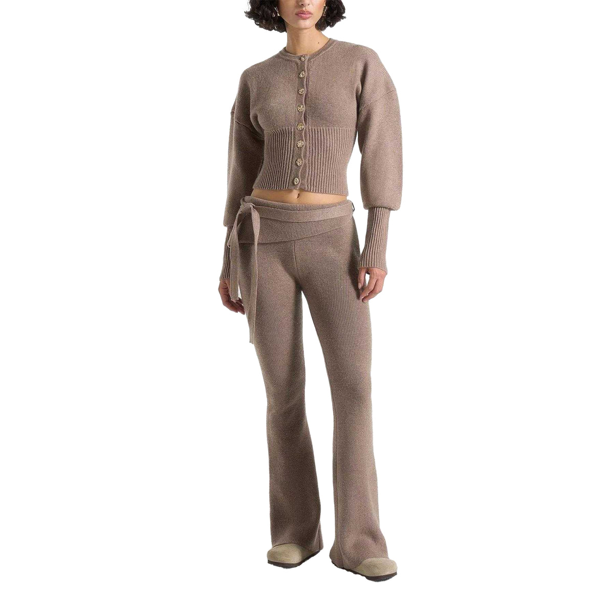 Beige - Pack Shot - Maniere De Voir Womens-Ladies Knitted Tie Belt Fitted And Flared Leggings