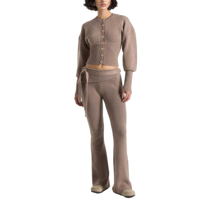 Beige - Pack Shot - Maniere De Voir Womens-Ladies Knitted Tie Belt Fitted And Flared Leggings