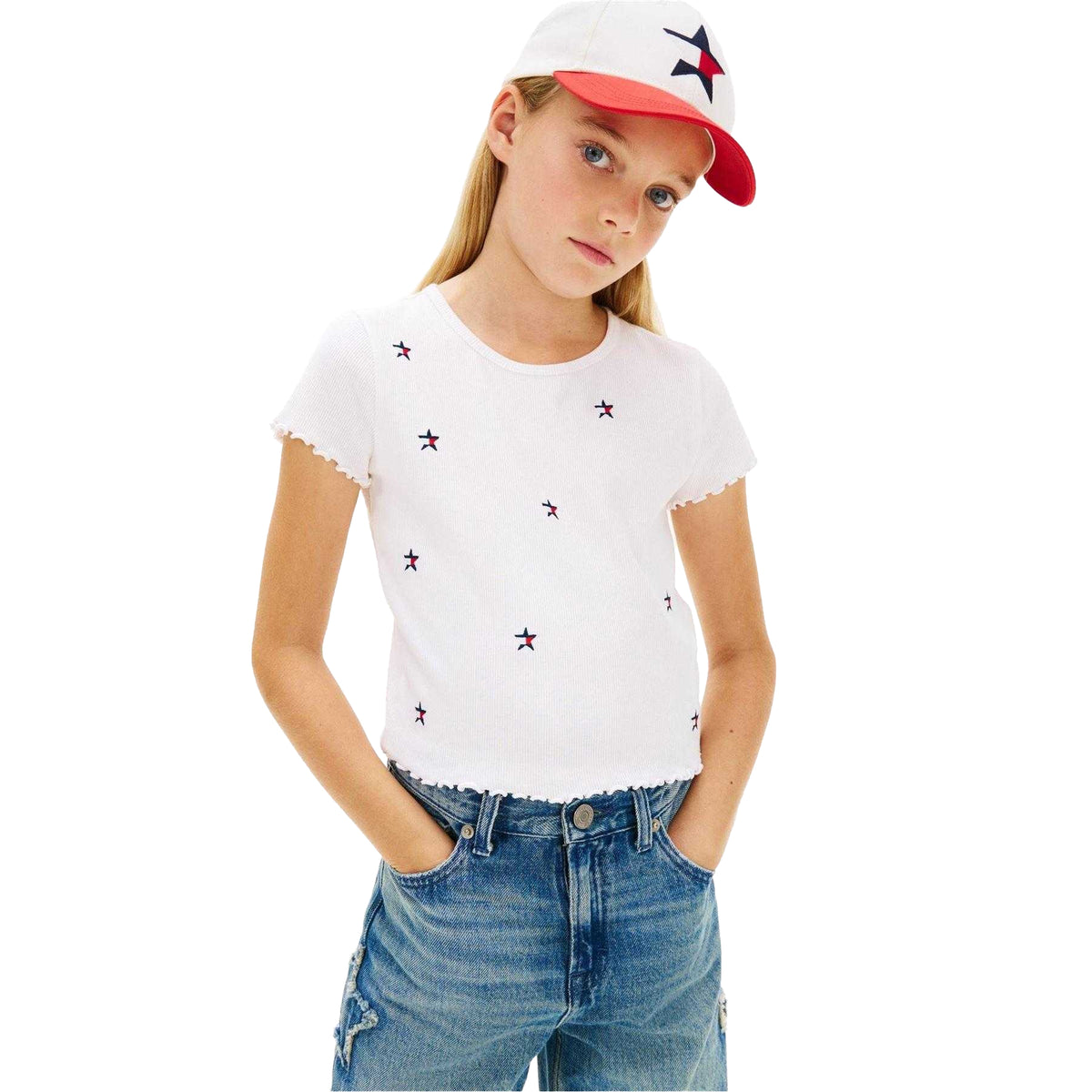 White - Side - Tommy Hilfiger Girls Star Ribbed T-Shirt