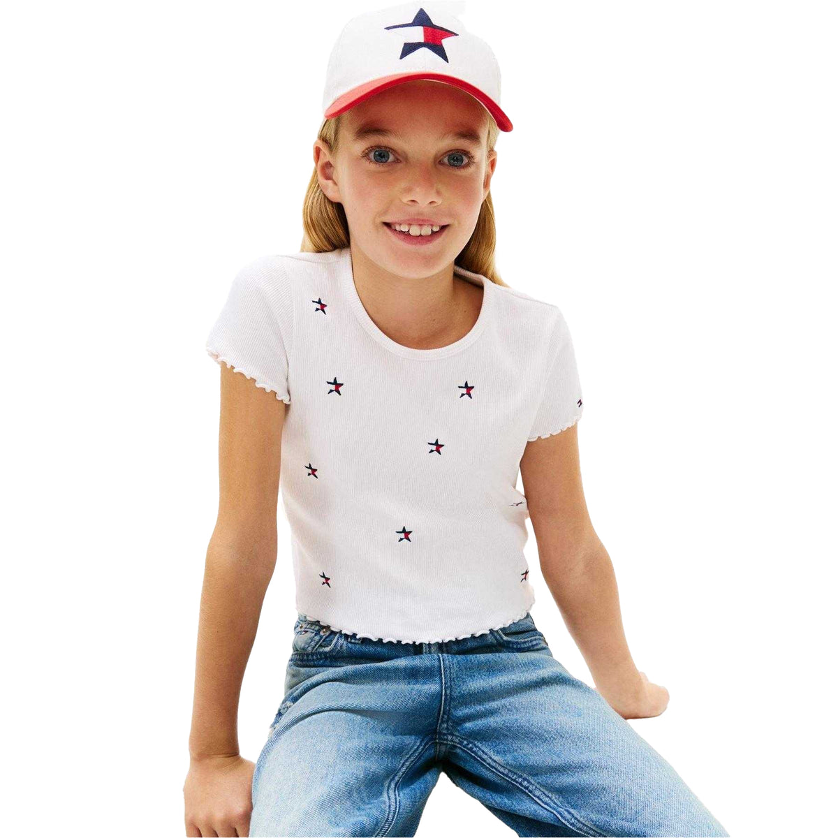 White - Lifestyle - Tommy Hilfiger Girls Star Ribbed T-Shirt