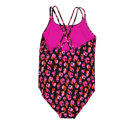 Pink - Back - Biba Girls Leopard Print Cross Back One Piece Swimsuit