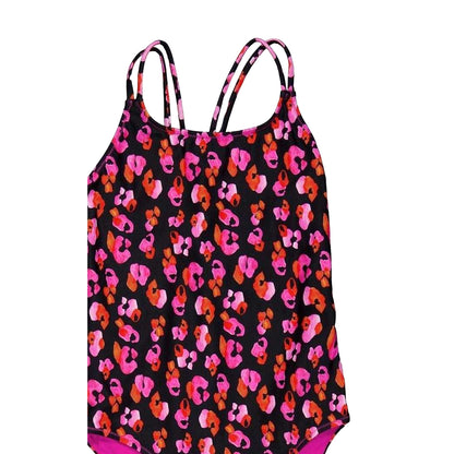 Pink - Side - Biba Girls Leopard Print Cross Back One Piece Swimsuit