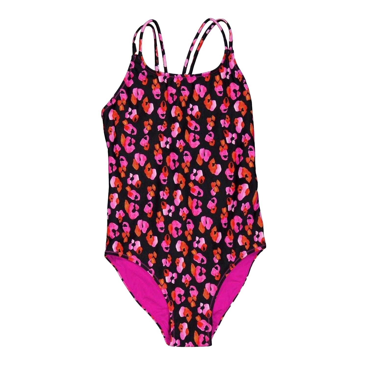 Pink - Front - Biba Girls Leopard Print Cross Back One Piece Swimsuit