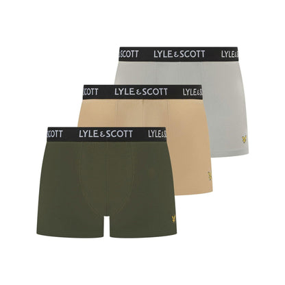 Grey-Beige-Khaki Green - Front - Lyle & Scott Mens Barclay Boxer Shorts (Pack of 3)