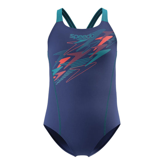 Navy - Front - Speedo Girls Medley Logo One Piece Swimsuit