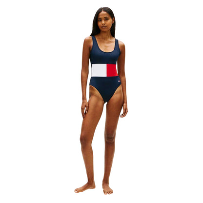 Dark Navy - Side - Tommy Hilfiger Womens-Ladies Logo Colour Block One Piece Swimsuit