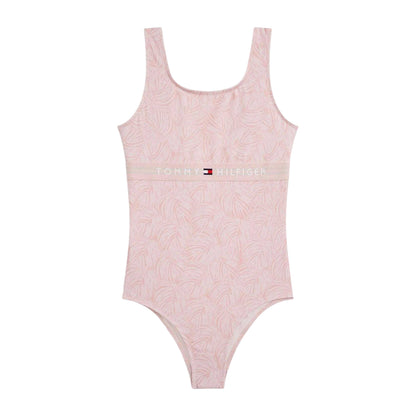 Palm Pink - Front - Tommy Hilfiger Girls Leaf Print One Piece Swimsuit