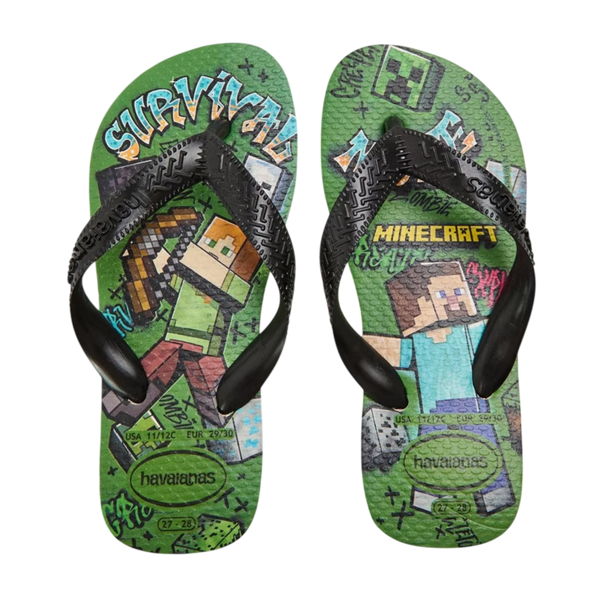 Beige-Multicoloured - Side - Minecraft Childrens-Kids Steve And Creeper Flip Flops