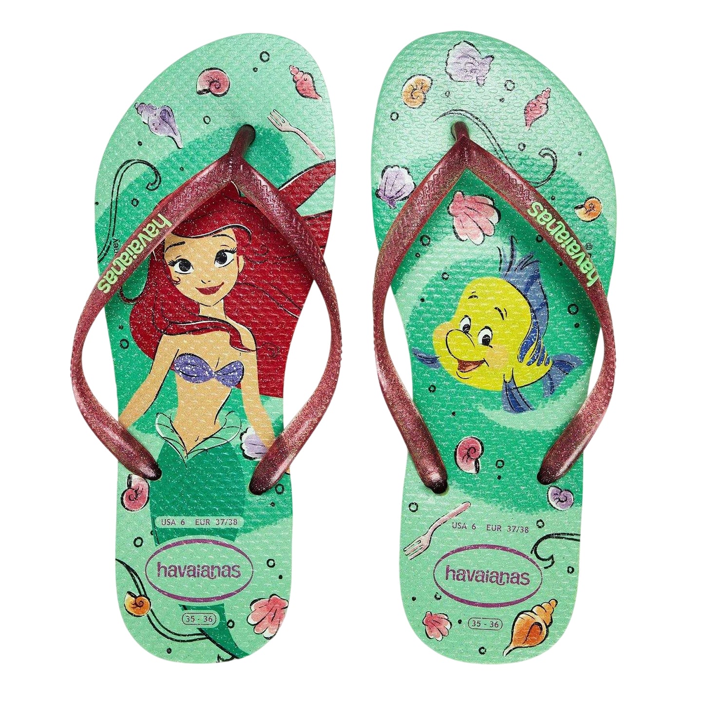 Green-Multicoloured - Side - Little Mermaid Childrens-Kids Classic Ariel & Flounder Flip Flops