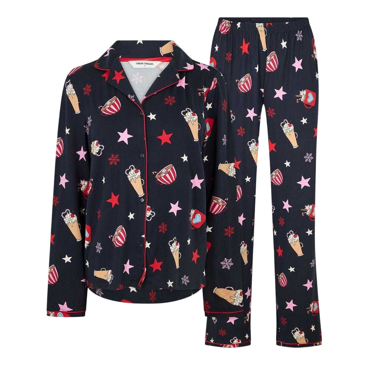 Navy-Hot Chocolate - Front - Urban Threads Womens-Ladies Pyjama Set