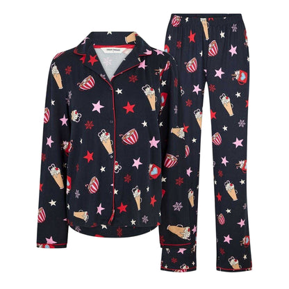 Navy-Hot Chocolate - Front - Urban Threads Womens-Ladies Pyjama Set