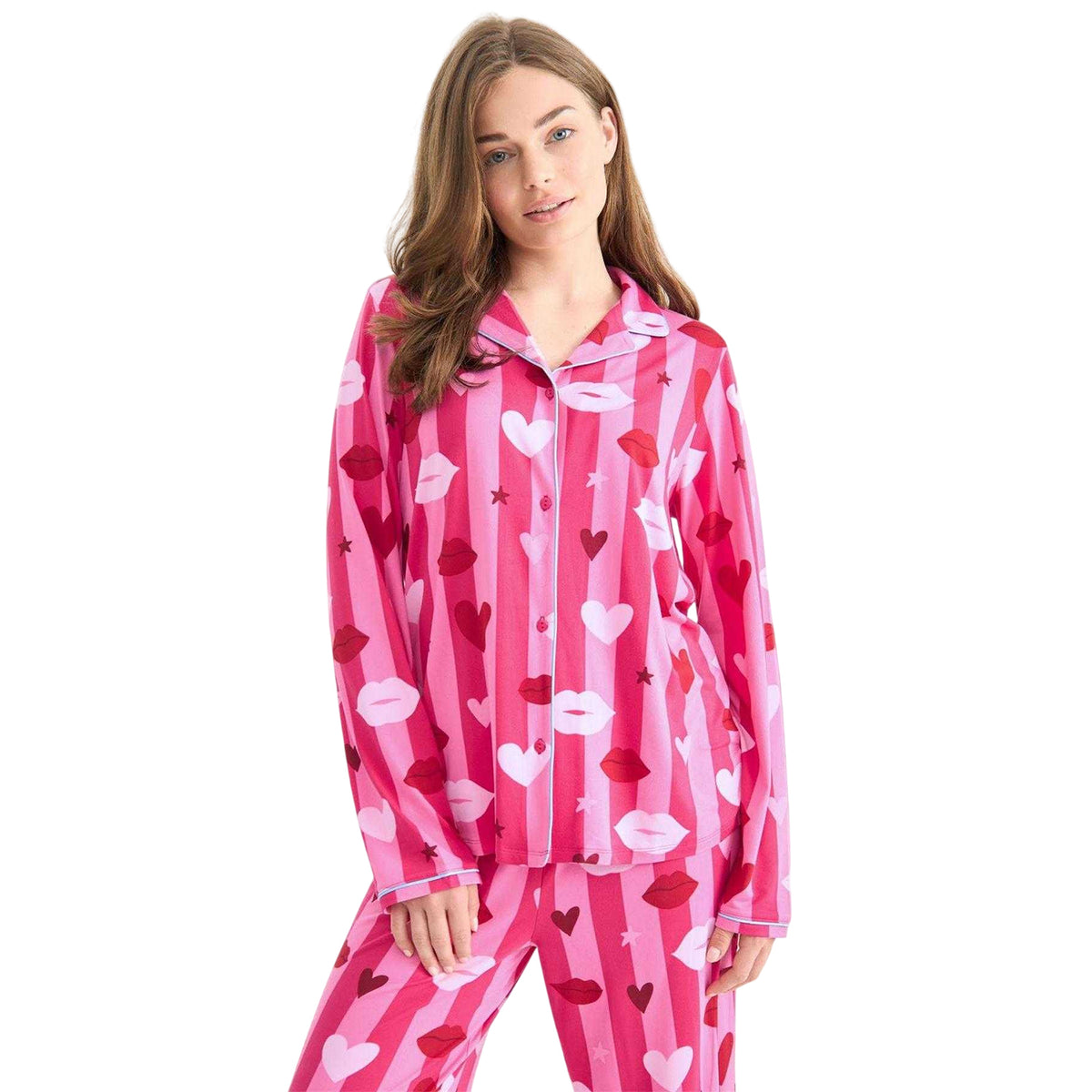 Pink - Side - Urban Threads Womens-Ladies Long Pyjama Set