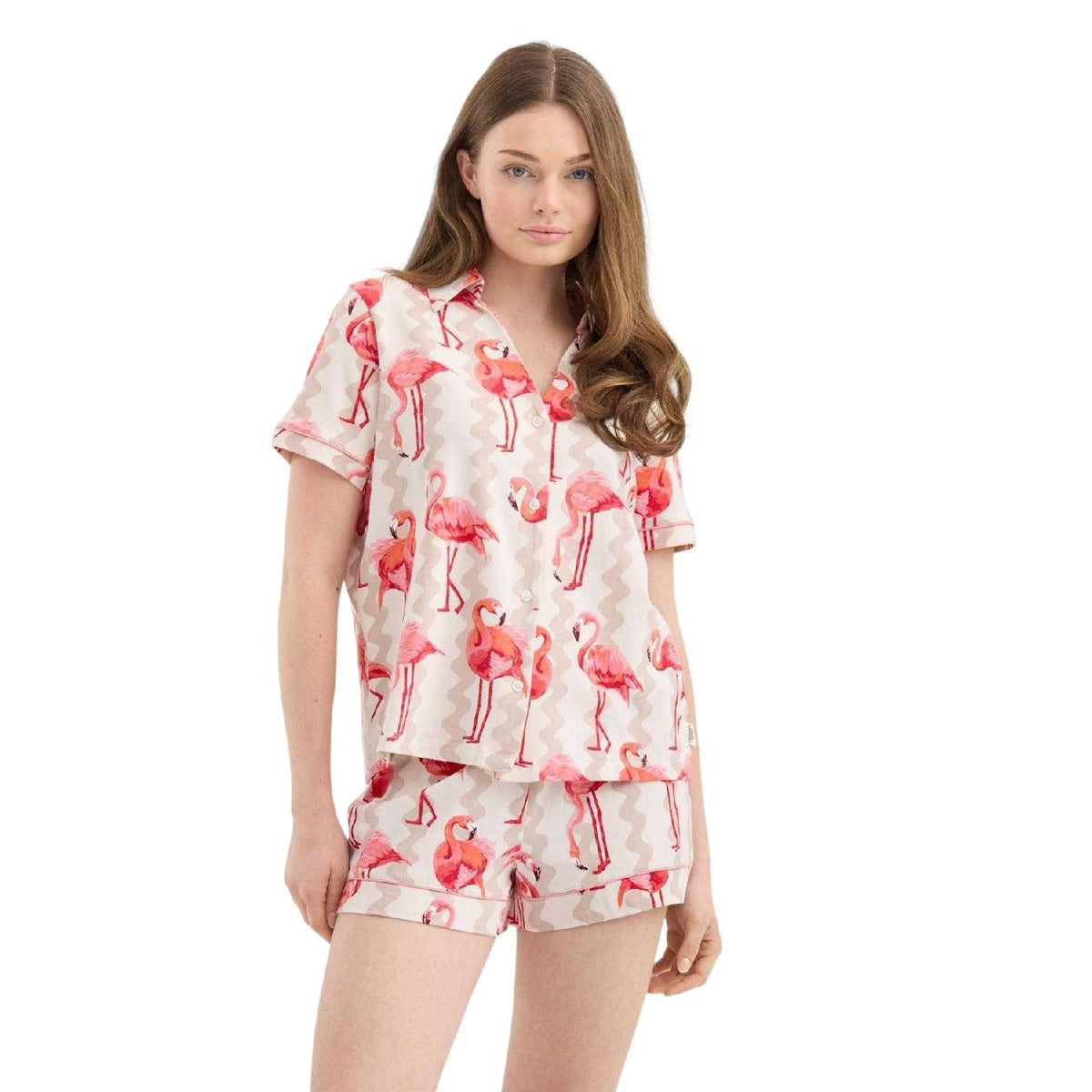 Flamingo Pink - Front - Chelsea Peers Womens-Ladies Flamingo Two Piece Pyjama Set