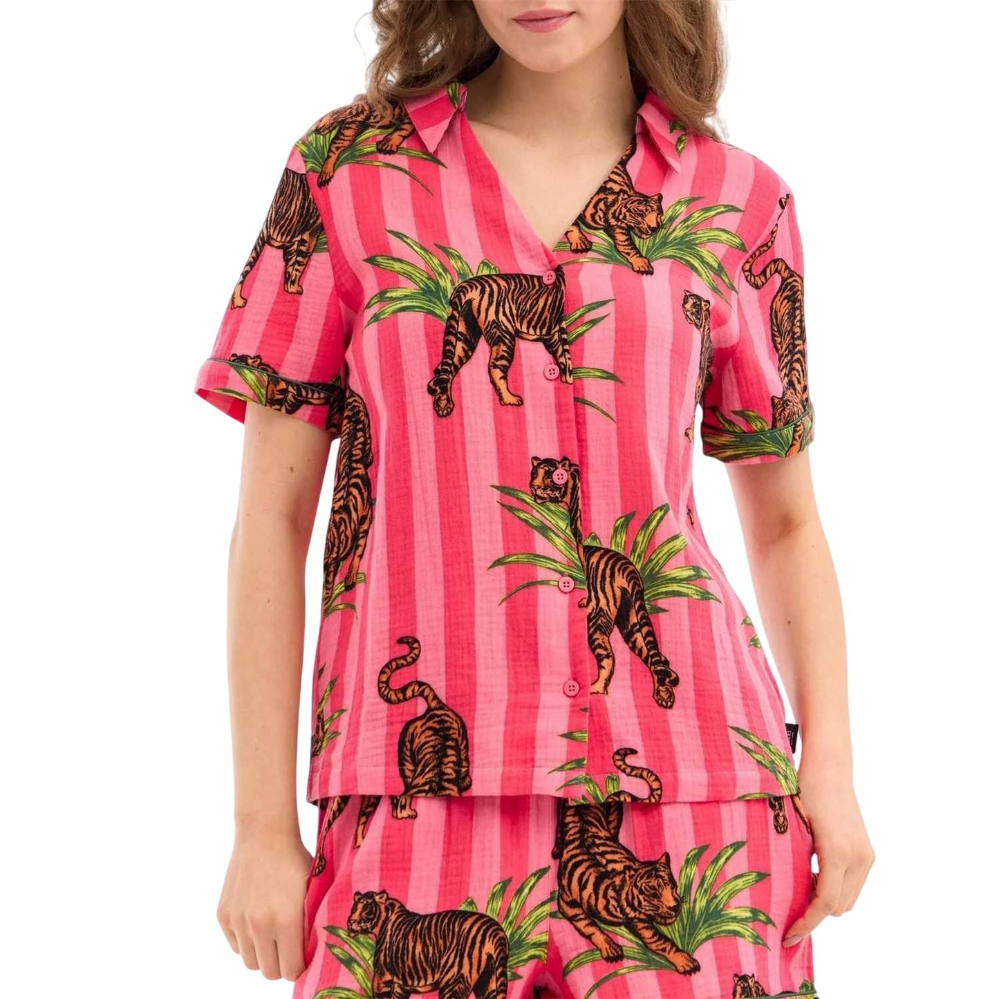 Pink - Side - Chelsea Peers Womens-Ladies Collared Pyjama Set