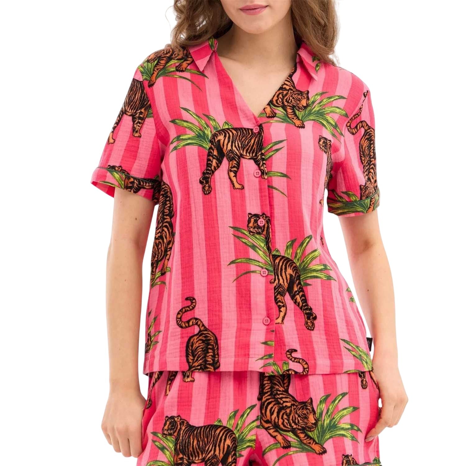 Pink - Side - Chelsea Peers Womens-Ladies Collared Pyjama Set