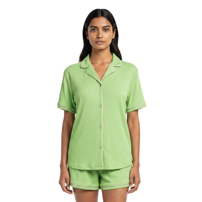 Green-Pink - Side - Urban Threads Womens-Ladies Relaxed Fit Short Pyjama Set