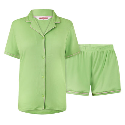 Green-Pink - Front - Urban Threads Womens-Ladies Relaxed Fit Short Pyjama Set