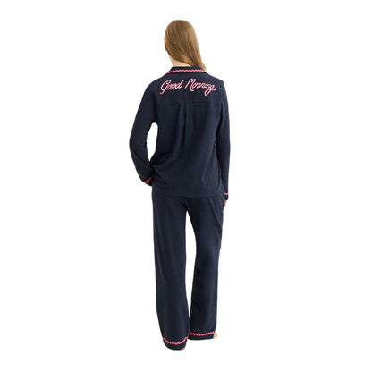 Navy - Back - Chelsea Peers Womens-Ladies Wavy Contrast Trim Long Pyjama Set