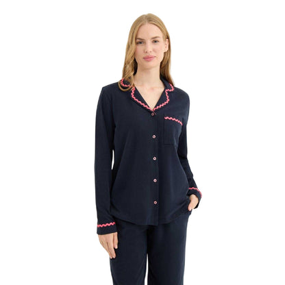 Navy - Side - Chelsea Peers Womens-Ladies Wavy Contrast Trim Long Pyjama Set
