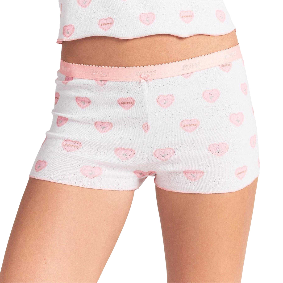 White - Side - Skims Womens-Ladies Hearts Pointelle Top & Shorts Set