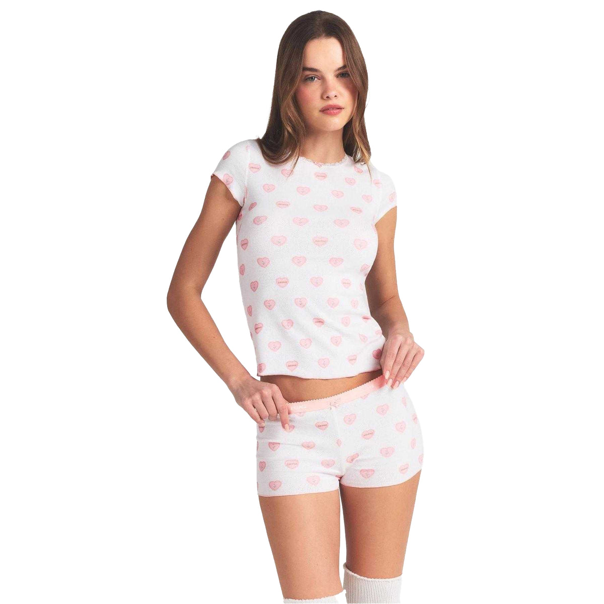 White - Lifestyle - Skims Womens-Ladies Hearts Pointelle Top & Shorts Set