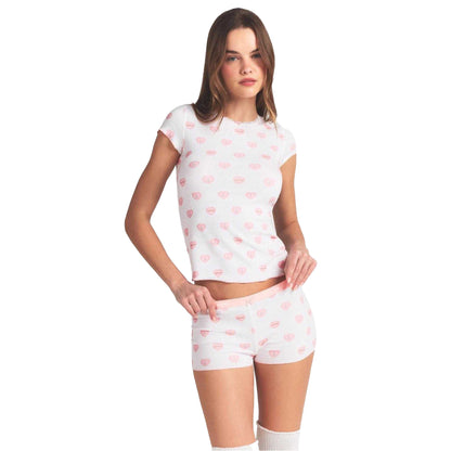 White - Lifestyle - Skims Womens-Ladies Hearts Pointelle Top & Shorts Set