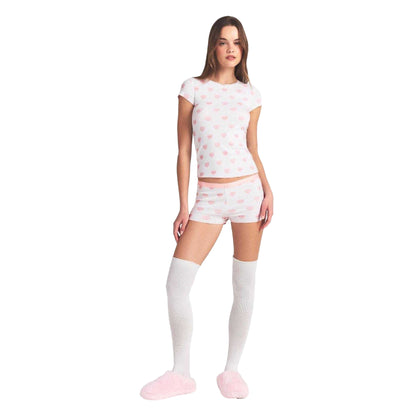White - Pack Shot - Skims Womens-Ladies Hearts Pointelle Top & Shorts Set