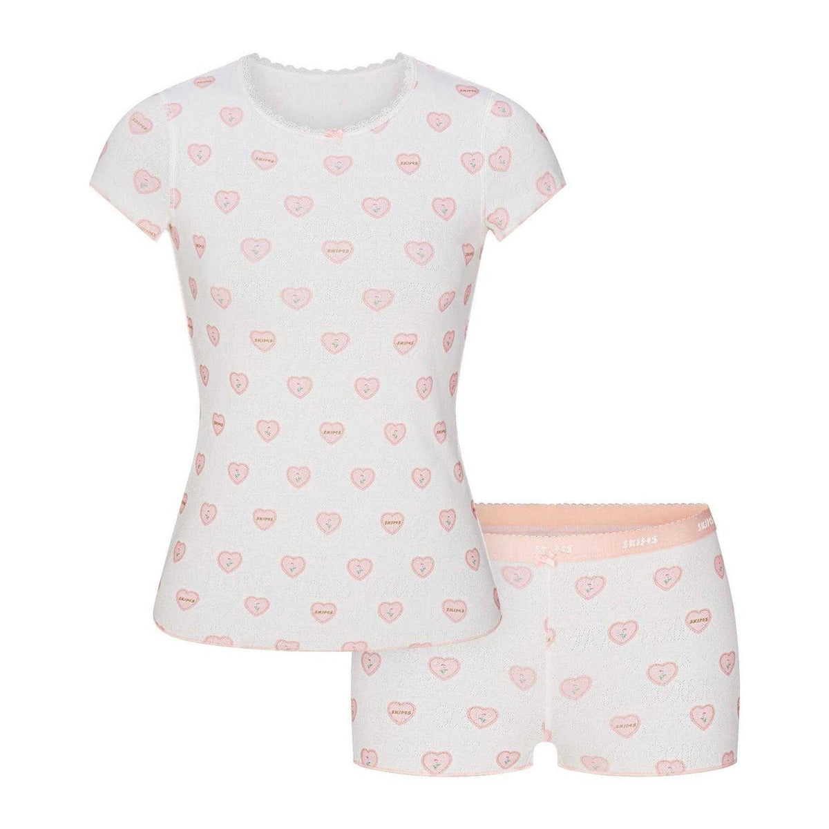 White - Front - Skims Womens-Ladies Hearts Pointelle Top & Shorts Set