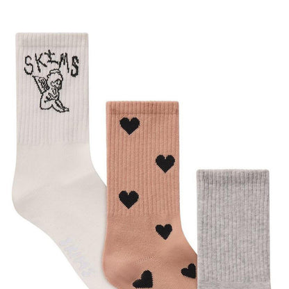 White-Brown-Grey - Side - Skims Womens-Ladies Heart Ribbed Crew Socks (Pack of 3)