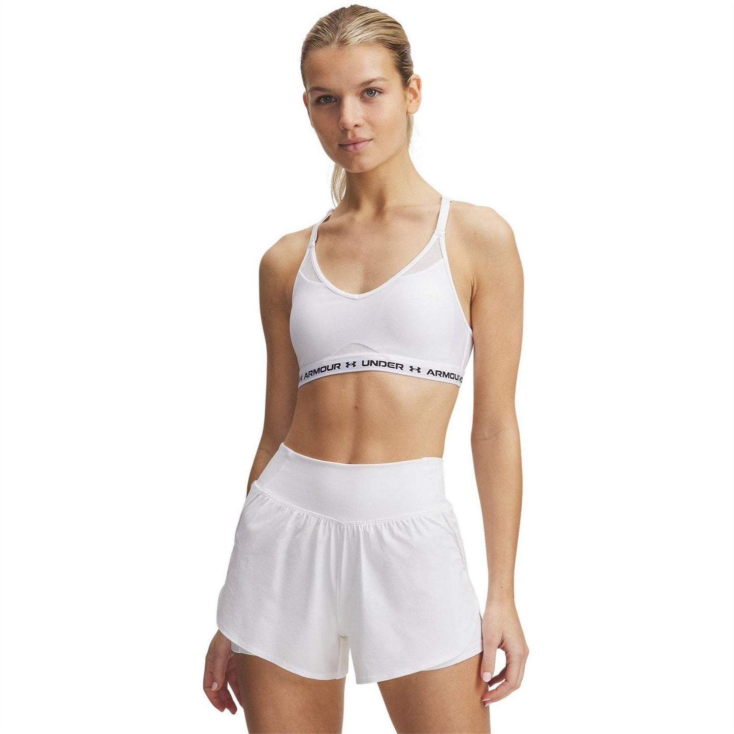 White - Pack Shot - Under Armour Womens-Ladies Cross Back Sports Bra