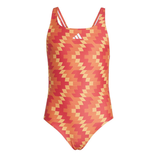 Lucid Red - Front - Adidas Girls Geometric Pattern One Piece Swimsuit