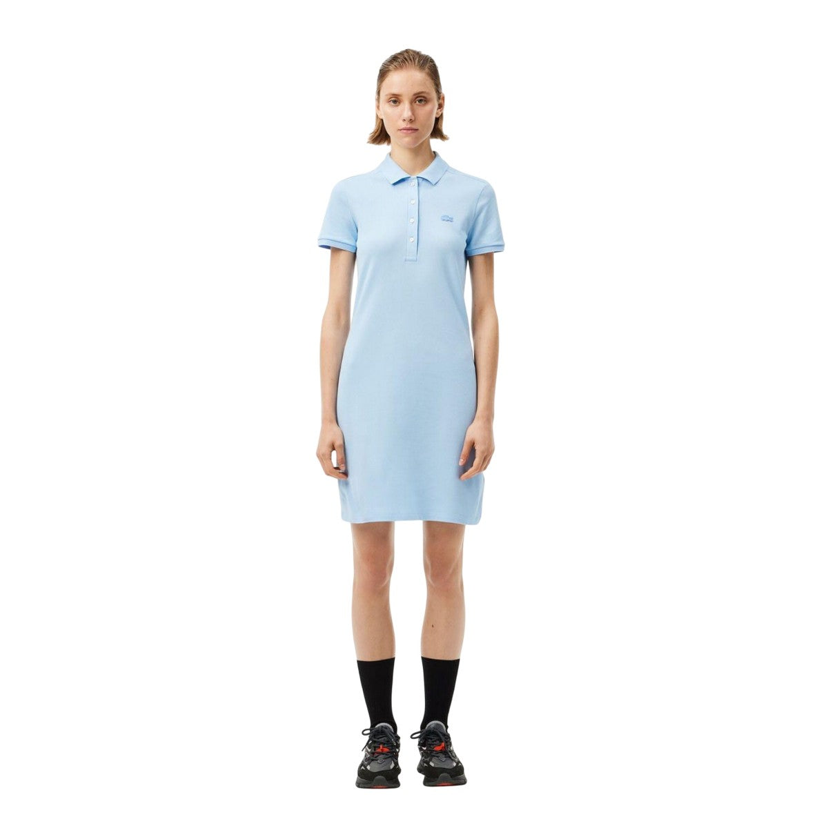 Light Blue - Pack Shot - Lacoste Womens-Ladies Mini Pique Stretch Slim Polo Shirt Dress