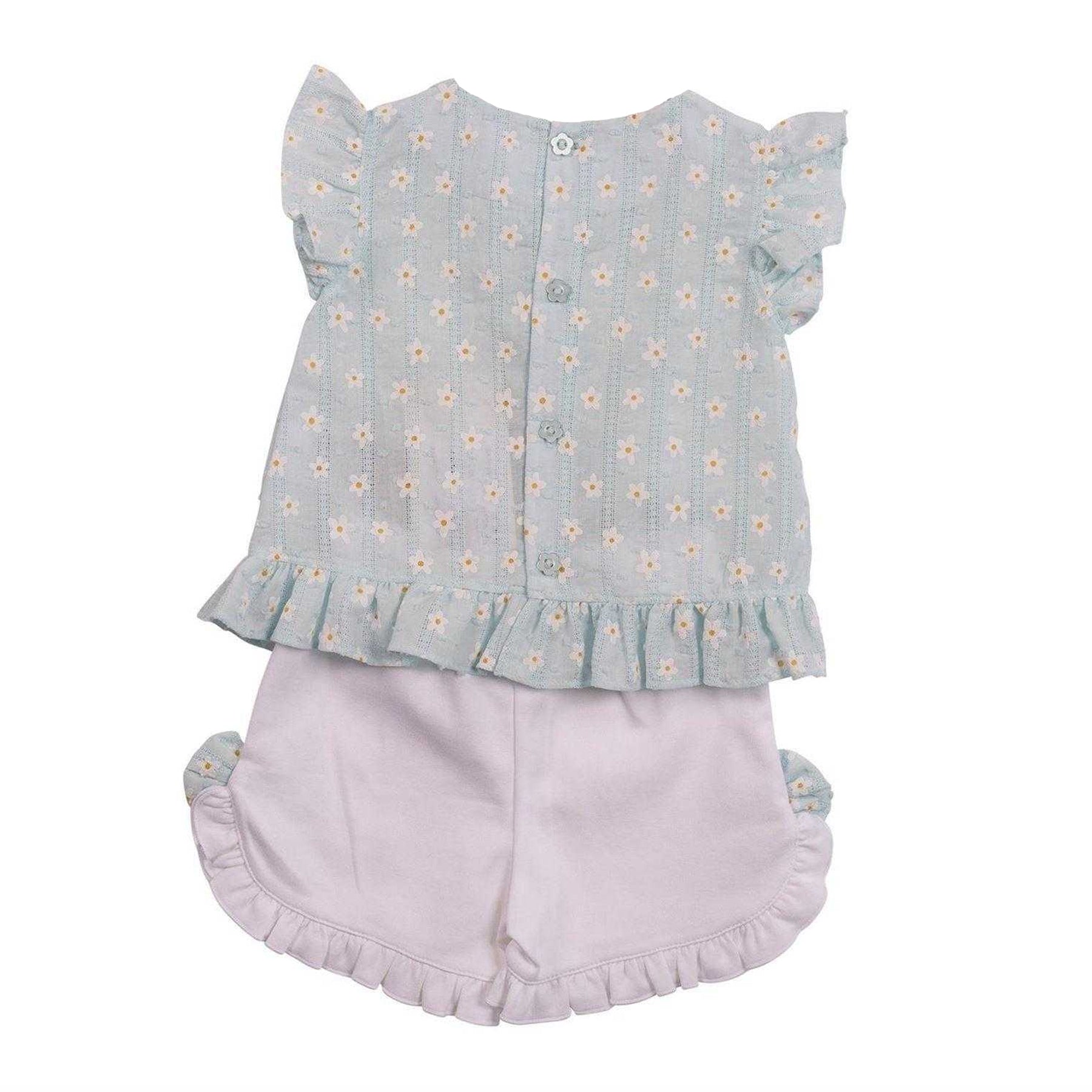 White-Aqua - Back - Mintini Baby Girls Floral Bow Detail Top & Shorts Set