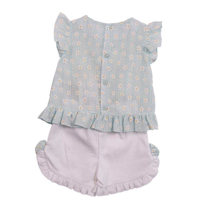 White-Aqua - Back - Mintini Baby Girls Floral Bow Detail Top & Shorts Set