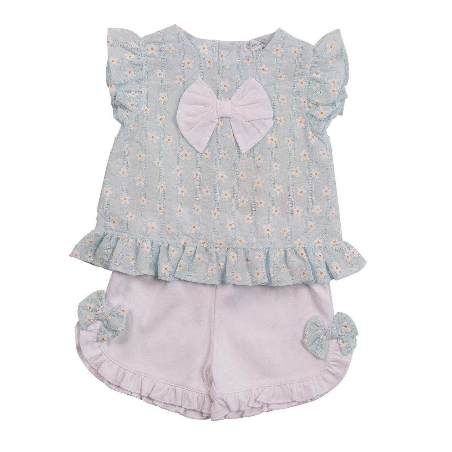 White-Aqua - Front - Mintini Baby Girls Floral Bow Detail Top & Shorts Set