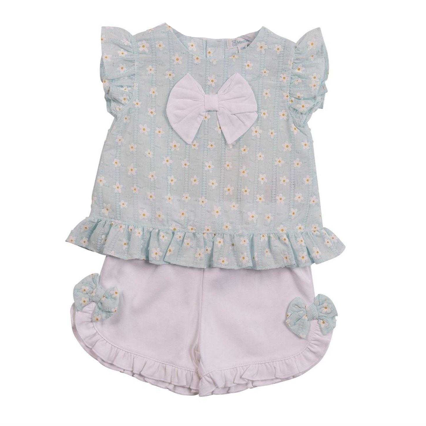 White-Aqua - Front - Mintini Baby Girls Floral Bow Detail Top & Shorts Set