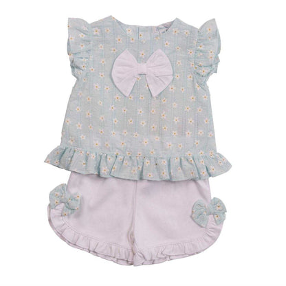 White-Aqua - Front - Mintini Baby Girls Floral Bow Detail Top & Shorts Set