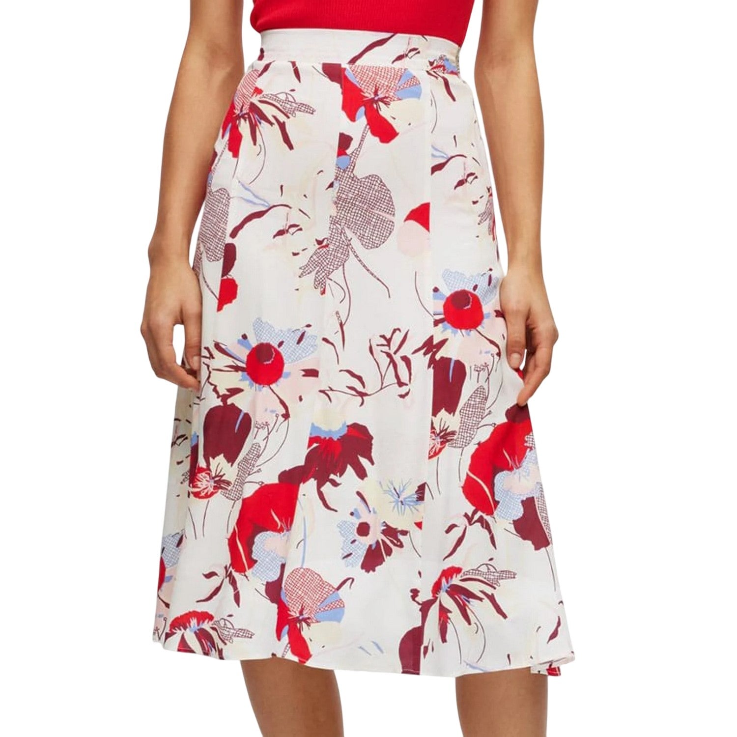 Off White-Red-Blue - Lifestyle - Boss Womens-Ladies Vallua Floral Midi Skirt