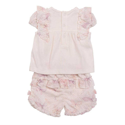 White-Light Pink - Back - Mintini Baby Girls Butterflies Top & Shorts Set