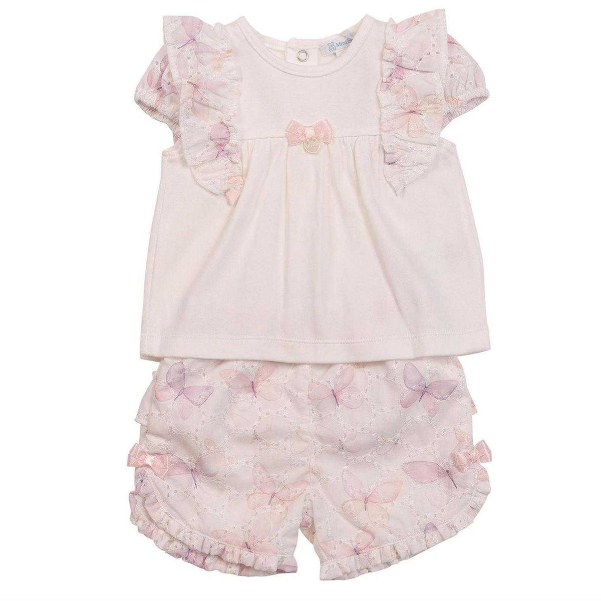 White-Light Pink - Front - Mintini Baby Girls Butterflies Top & Shorts Set