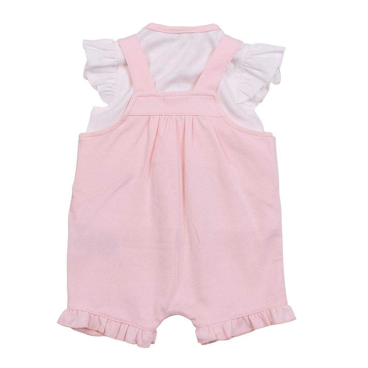 Pink - Back - Mintini Baby Girls Floral Embroidery Dungaree Dress Set
