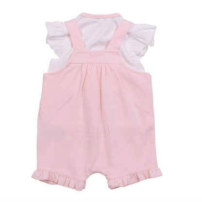 Pink - Back - Mintini Baby Girls Floral Embroidery Dungaree Dress Set