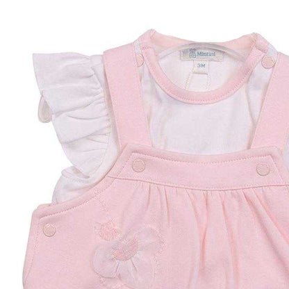 Pink - Side - Mintini Baby Girls Floral Embroidery Dungaree Dress Set