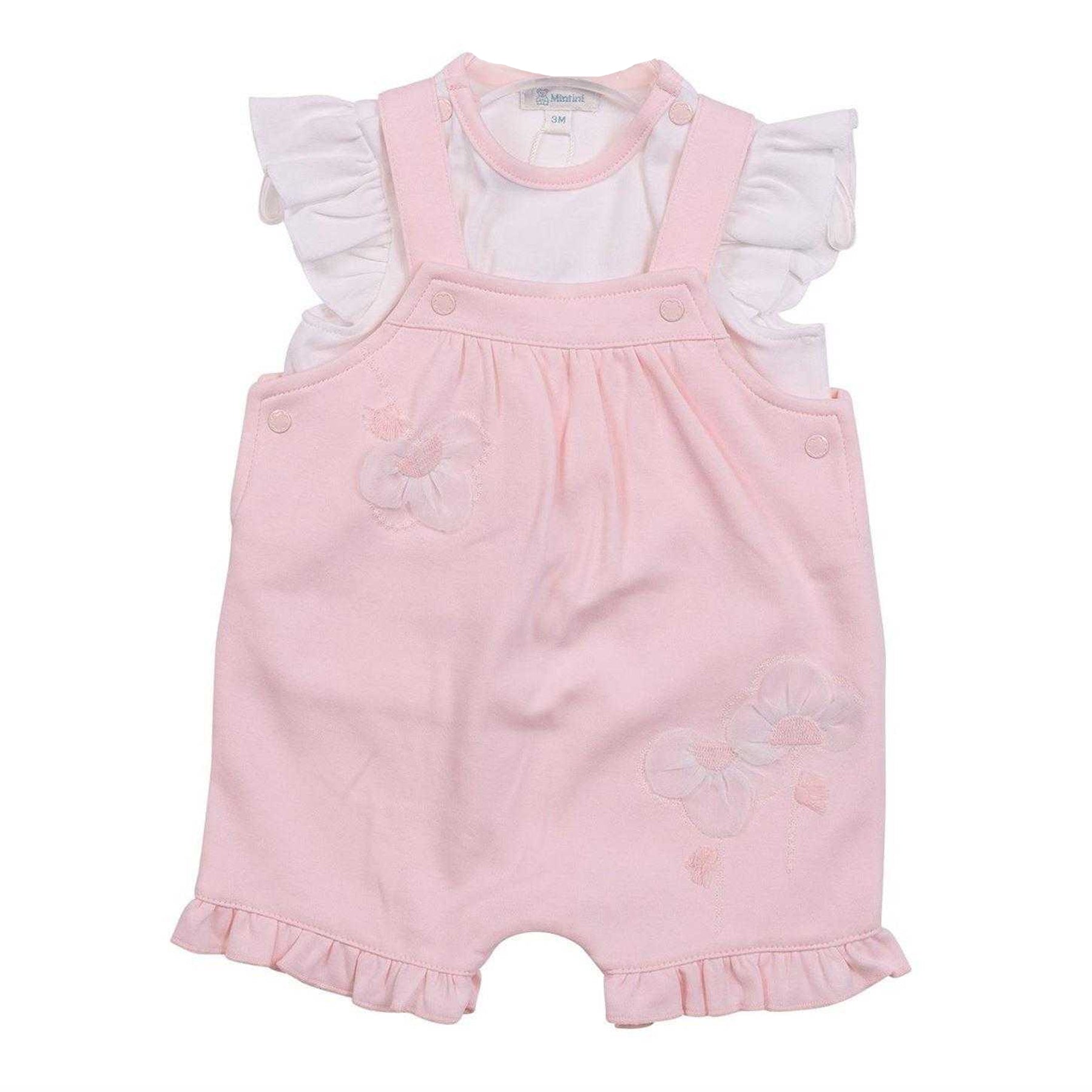 Pink - Front - Mintini Baby Girls Floral Embroidery Dungaree Dress Set