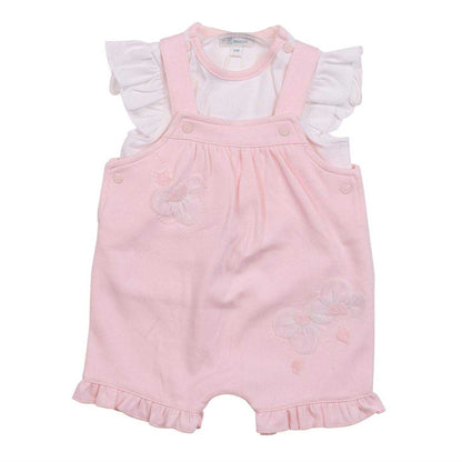 Pink - Front - Mintini Baby Girls Floral Embroidery Dungaree Dress Set
