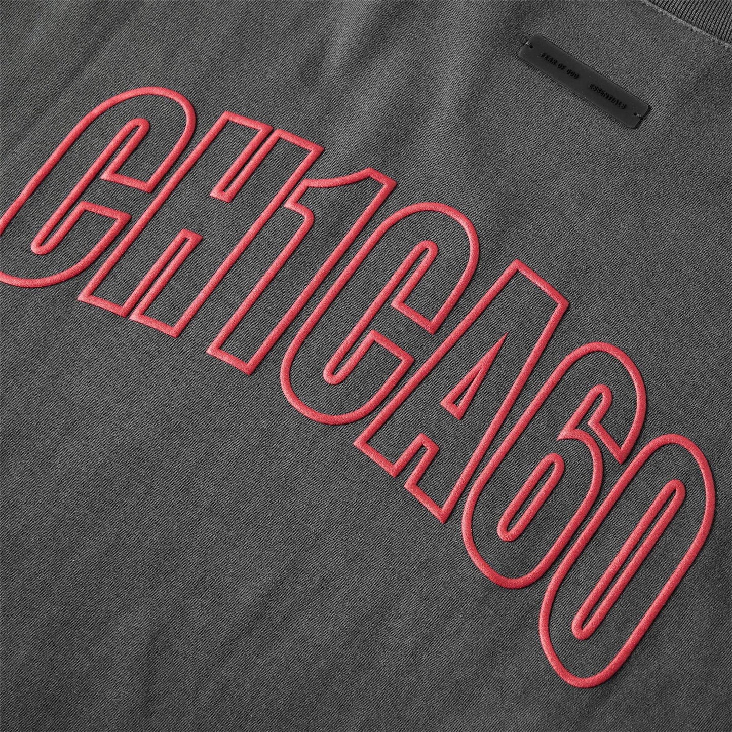 Iron Grey-Red - Pack Shot - Fear Of God Essentials Mens Chicago Text T-Shirt