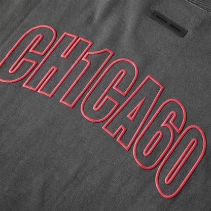 Iron Grey-Red - Pack Shot - Fear Of God Essentials Mens Chicago Text T-Shirt
